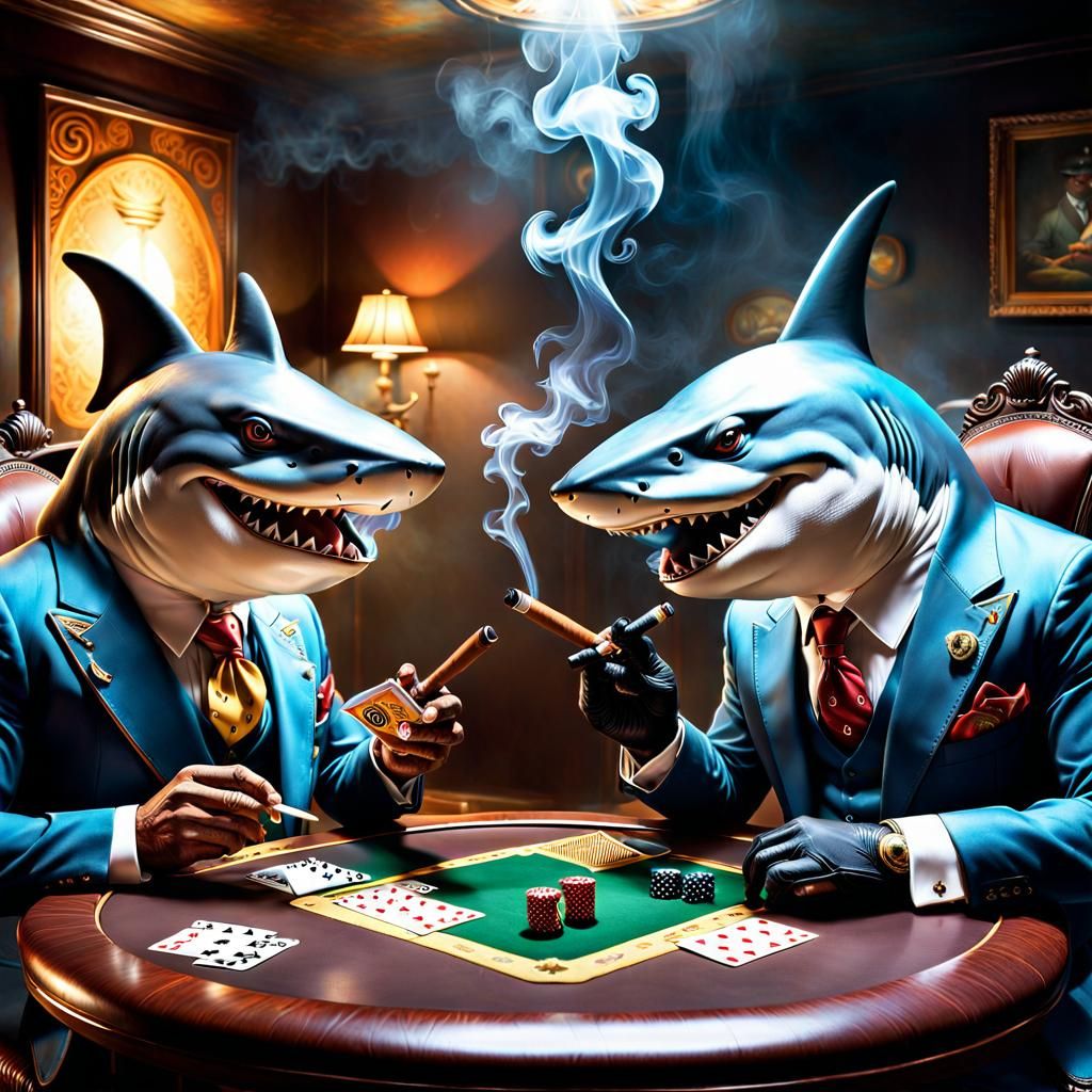 Hyperrealistic Sharks Play Cards in Smoky Room