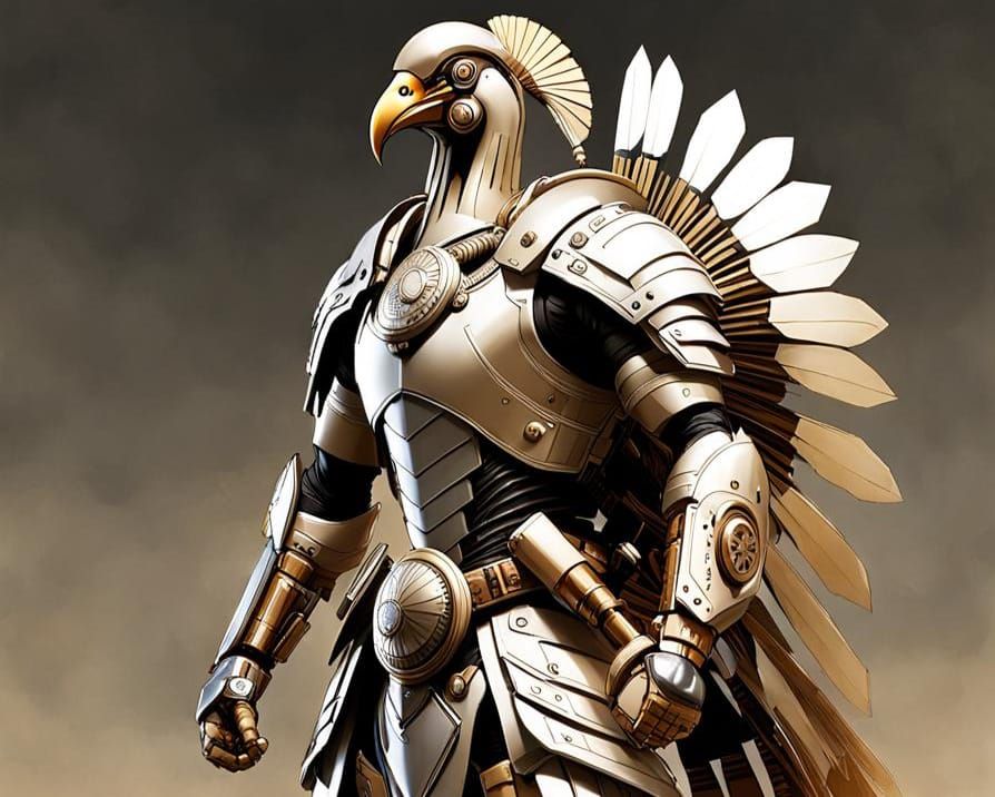 beige and silver full figure of athletic warrior turkey humanoid, background is mechanical schematic, by Charles vest an...