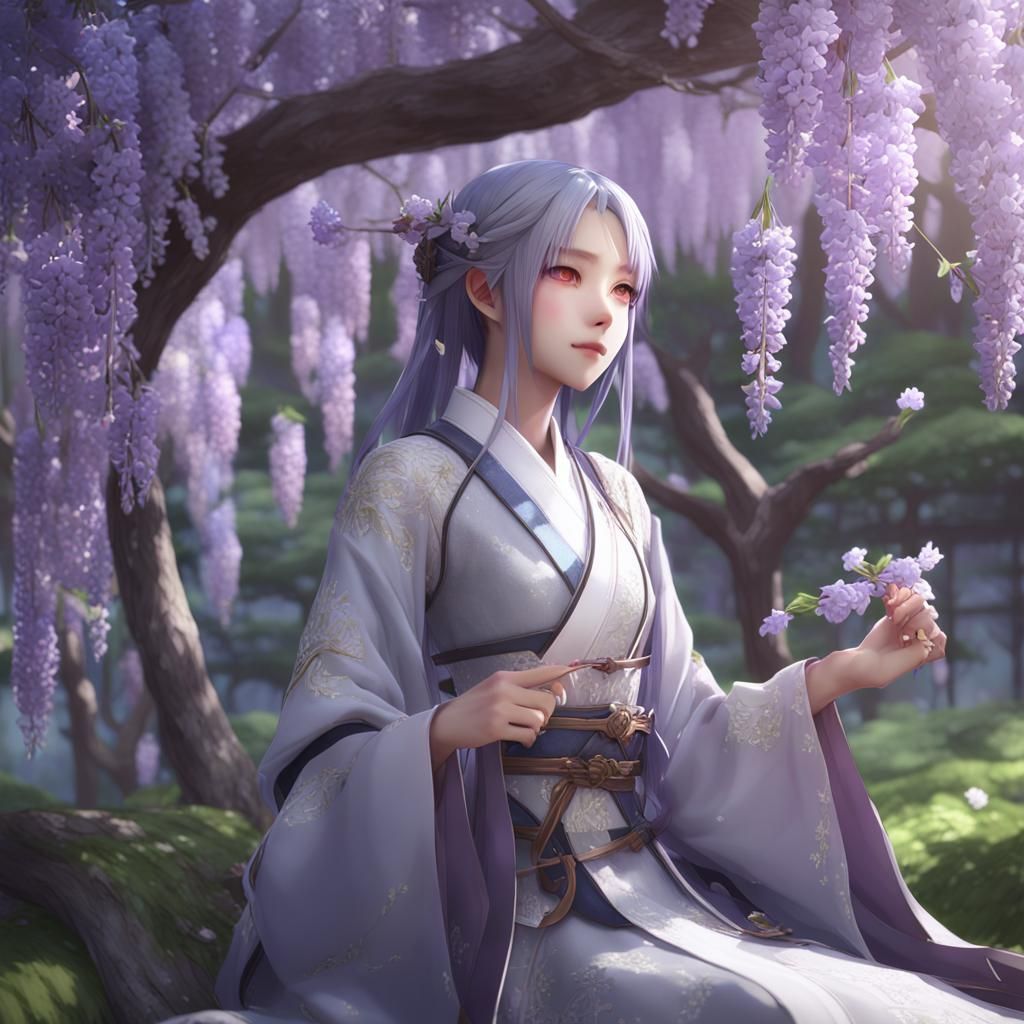 Regal Gray Elf in Wisteria Cherry Garden
