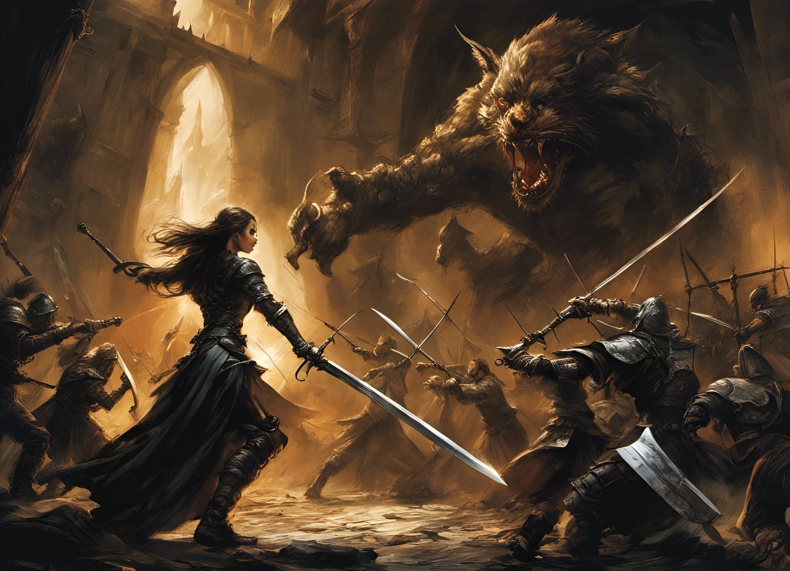 Adventuress vs Goblins: Dark Fantasy Battle Scene