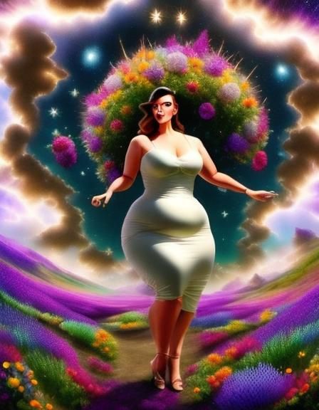 Plus Size Woman in Cosmic Lightning Storm