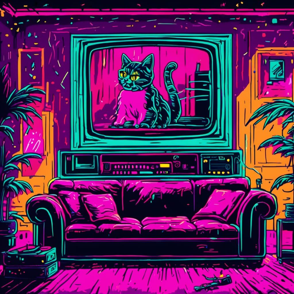 Neon 80s Cat Watching TV