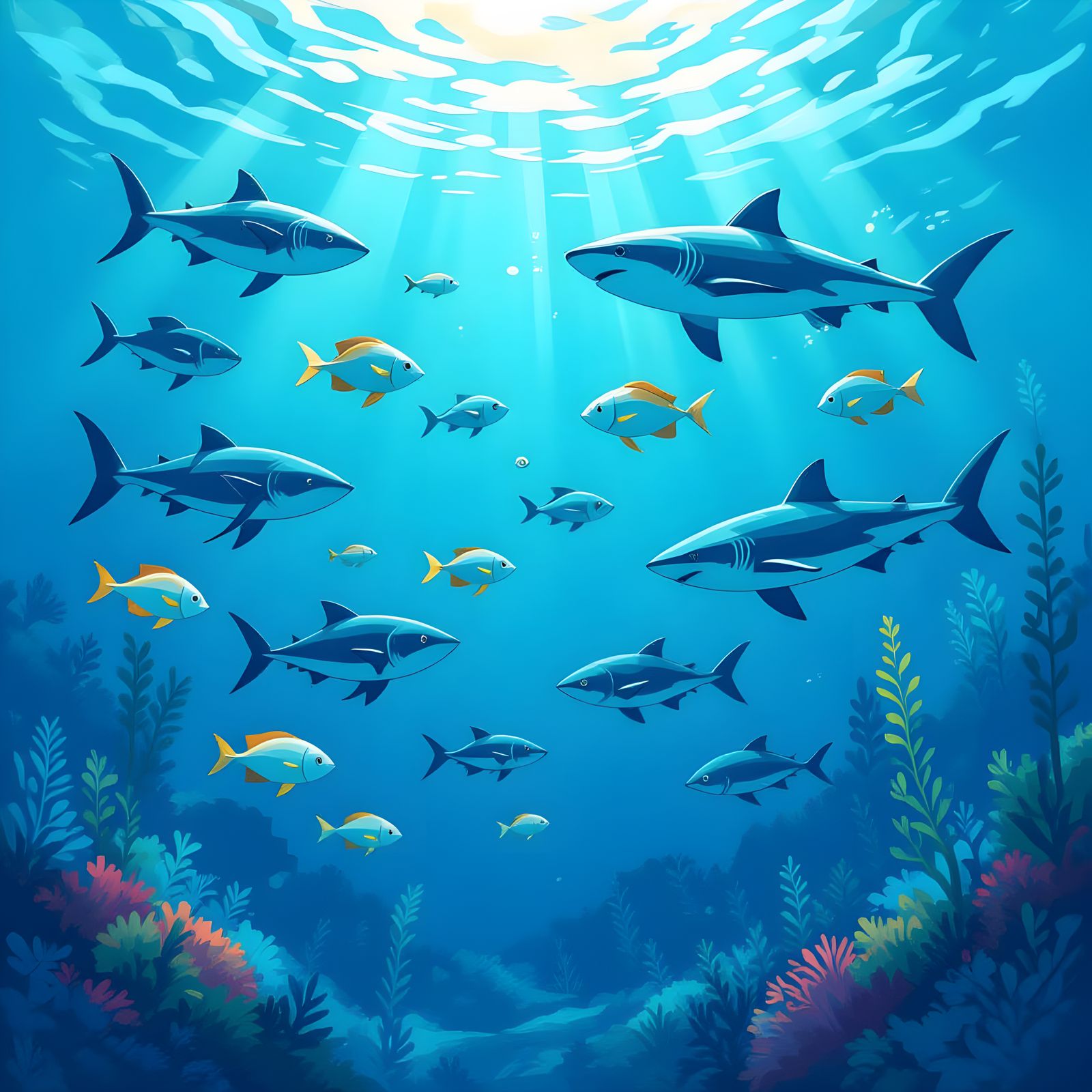 Underwater Scene with Sharks, Octopus and Fish