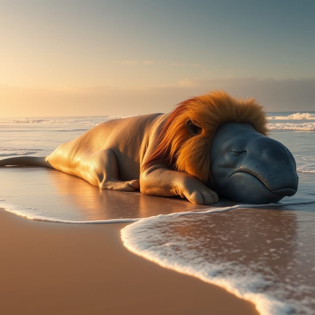 Gargantuan Lion-Whale Hybrid Basks in Golden Light