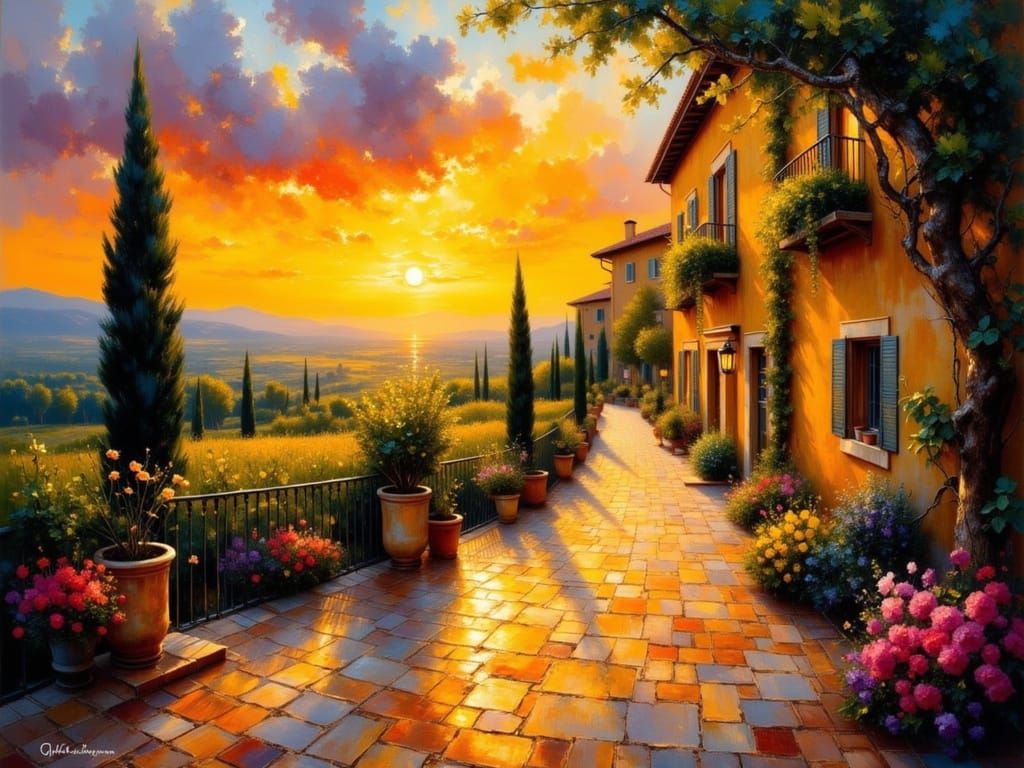 Italian Villa Sunset Over Vineyard in Painterly Realism