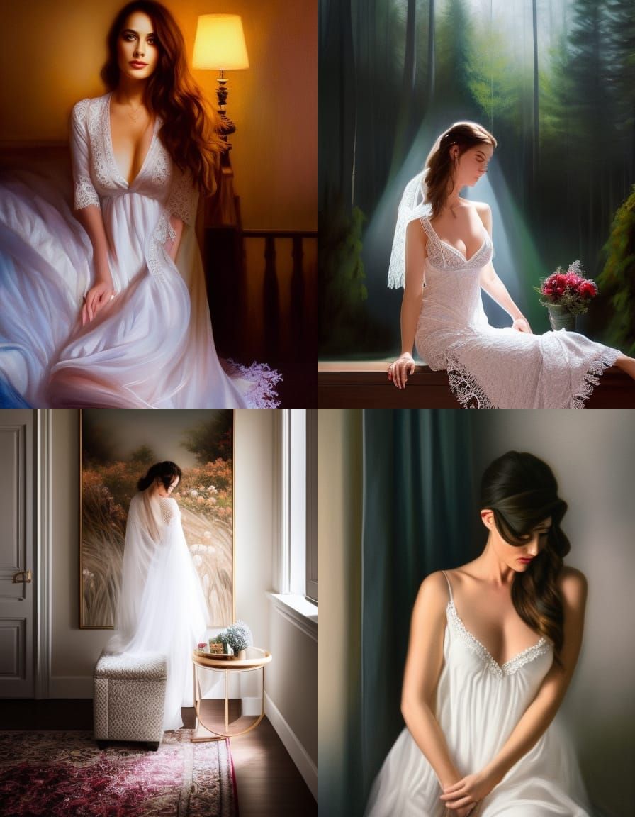 Ethereal Woman in Nightgown: Fantasy Oil Painting