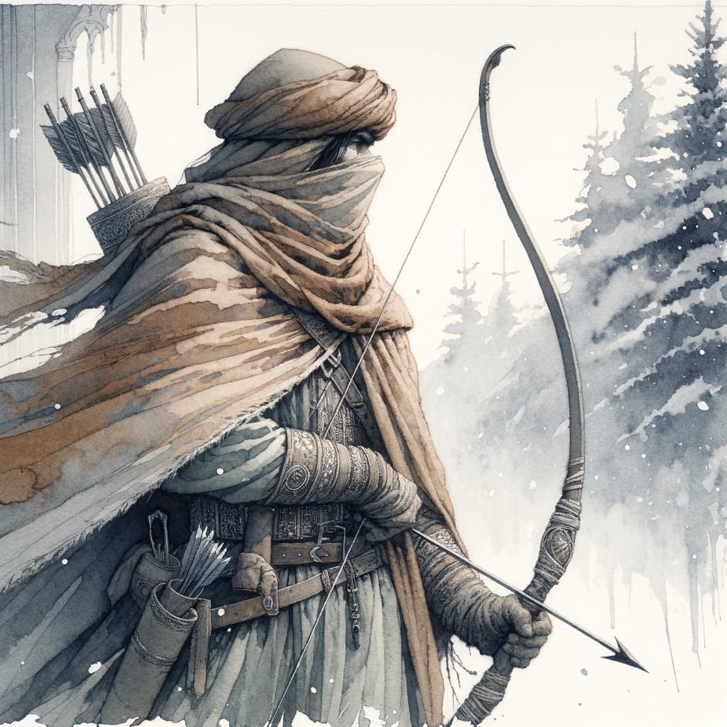 Medieval Archer in Winter Forest, Watercolor Style