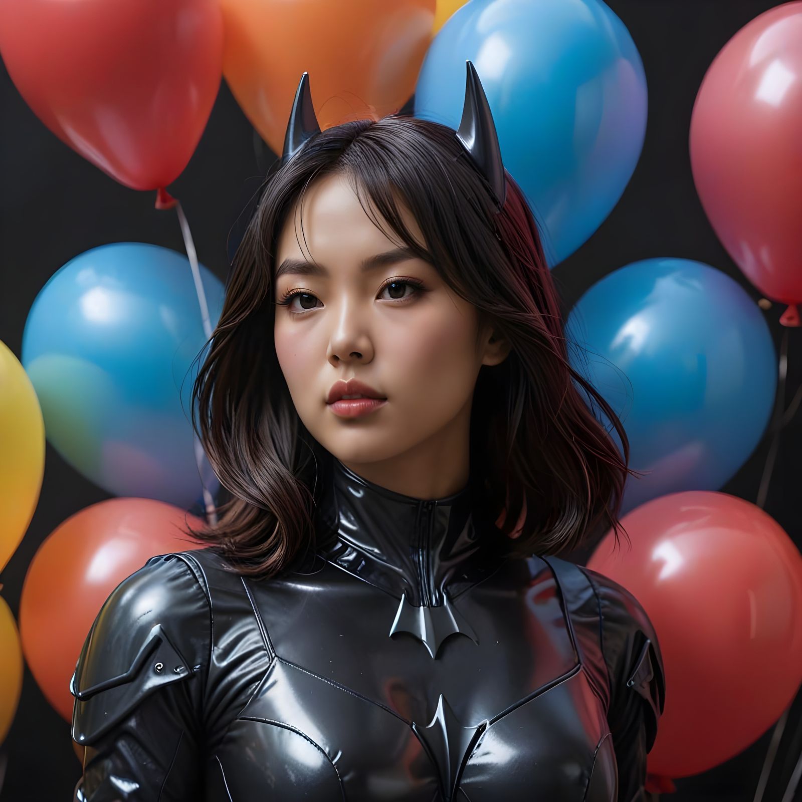 Busty Korean Batwoman Surrounded by Balloons