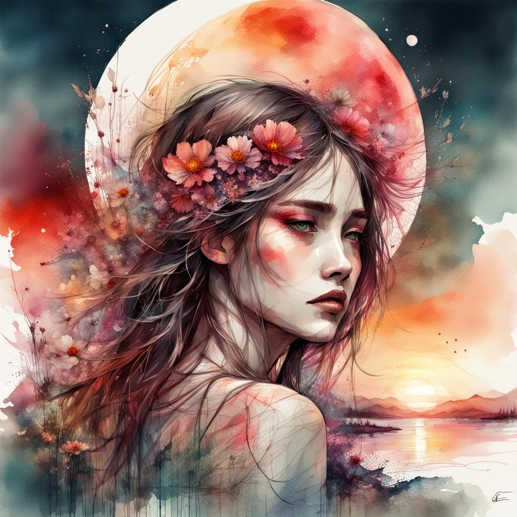 Summerscape Sunset in Digital Watercolor Style