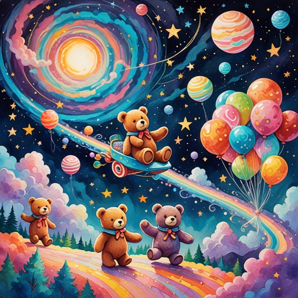 Teddy Bears' Celestial Adventure in Gouache Style