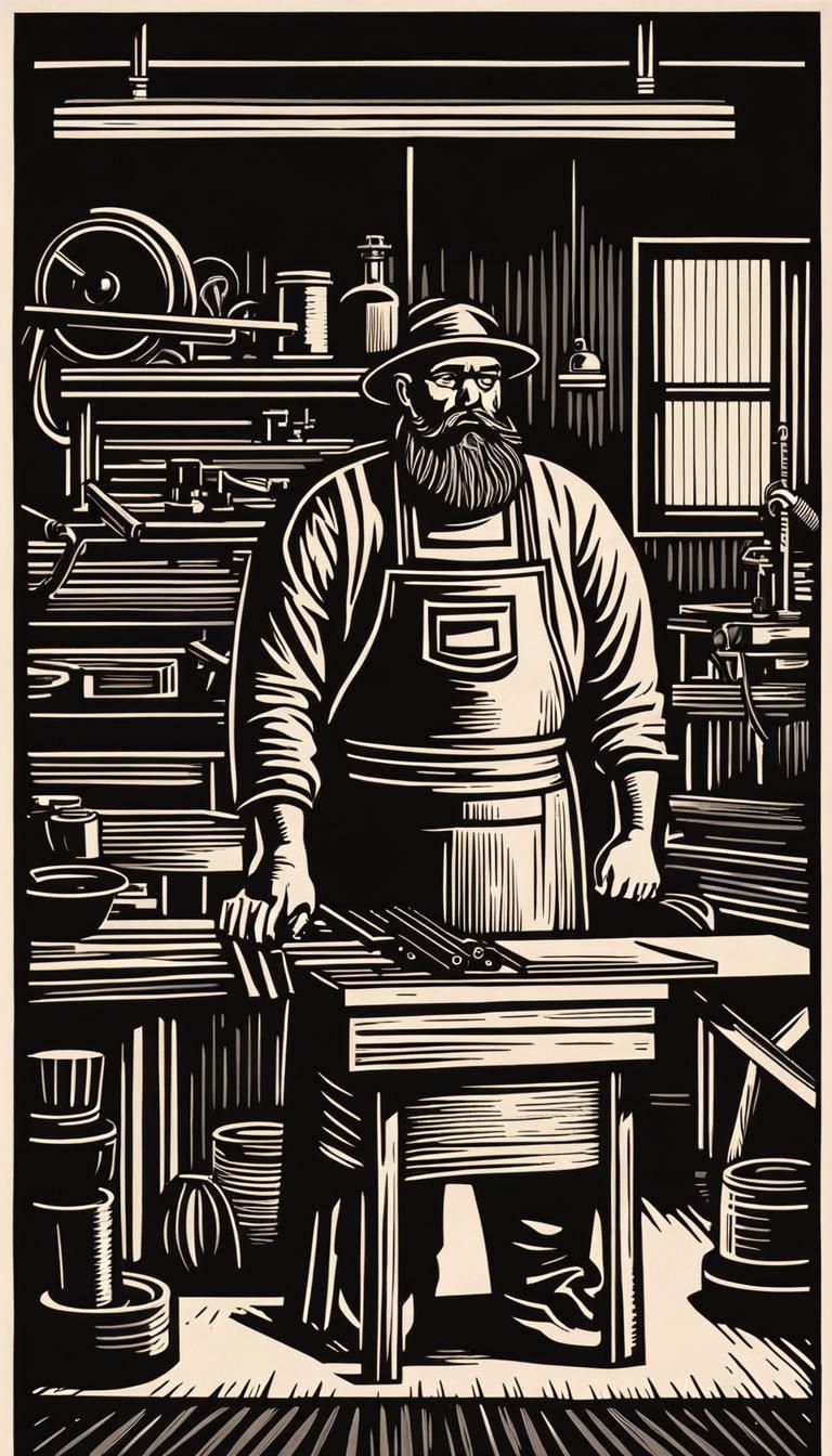 Linocut Print of Bearded Man in Woodshop