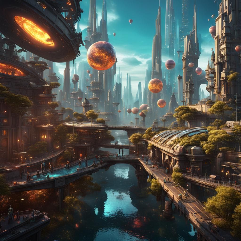 Solarpunk Cityscape with Fantasy and Sci-Fi Elements
