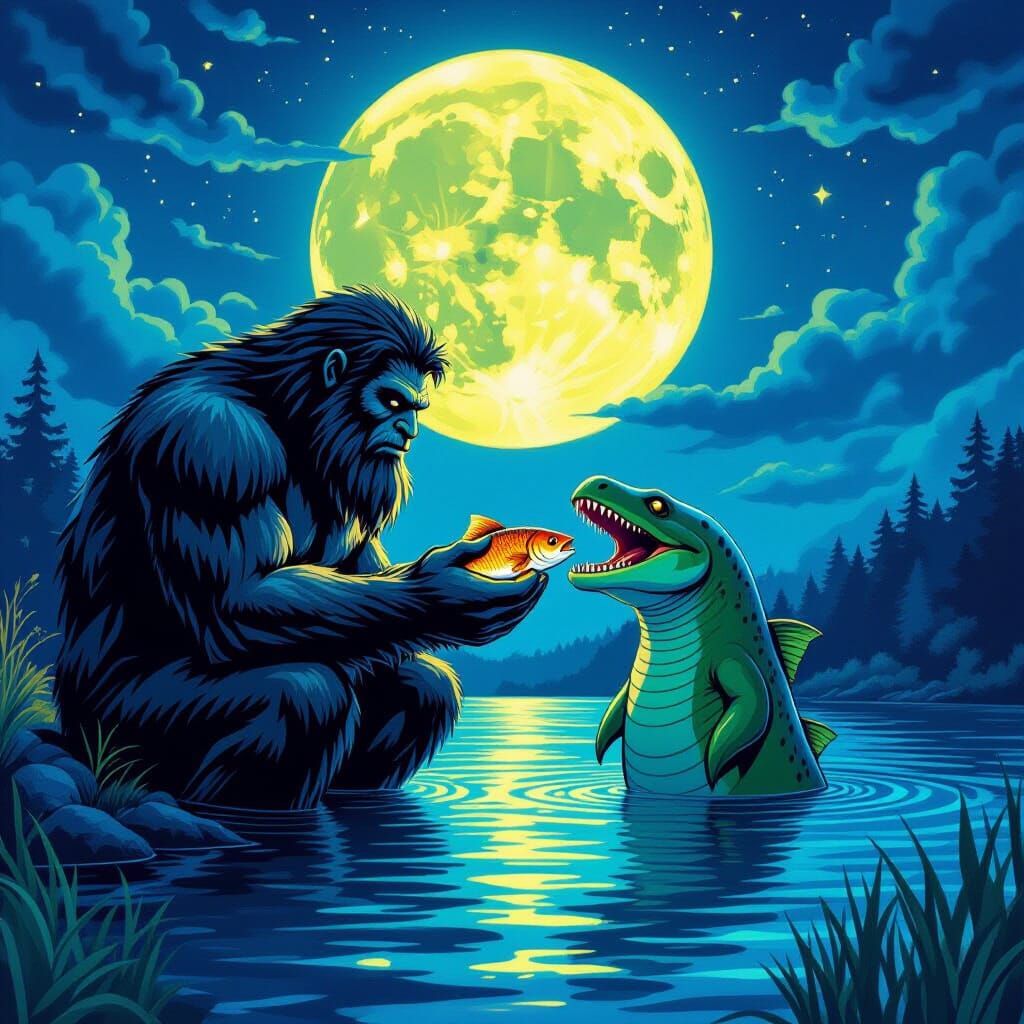 Bigfoot Feeds Loch Ness Monster Under Harvest Moon