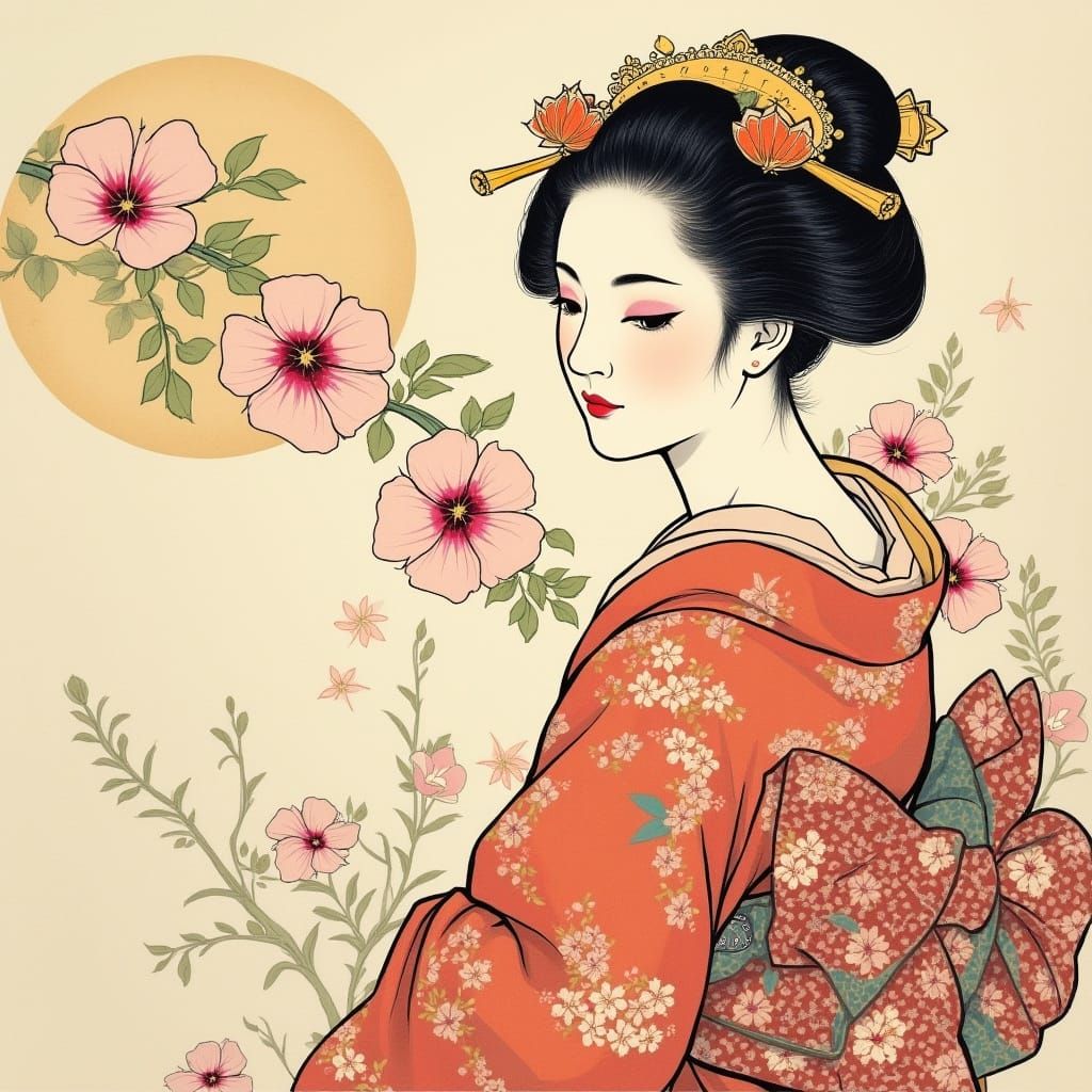 Ukiyo-e Geisha with Morning Glories