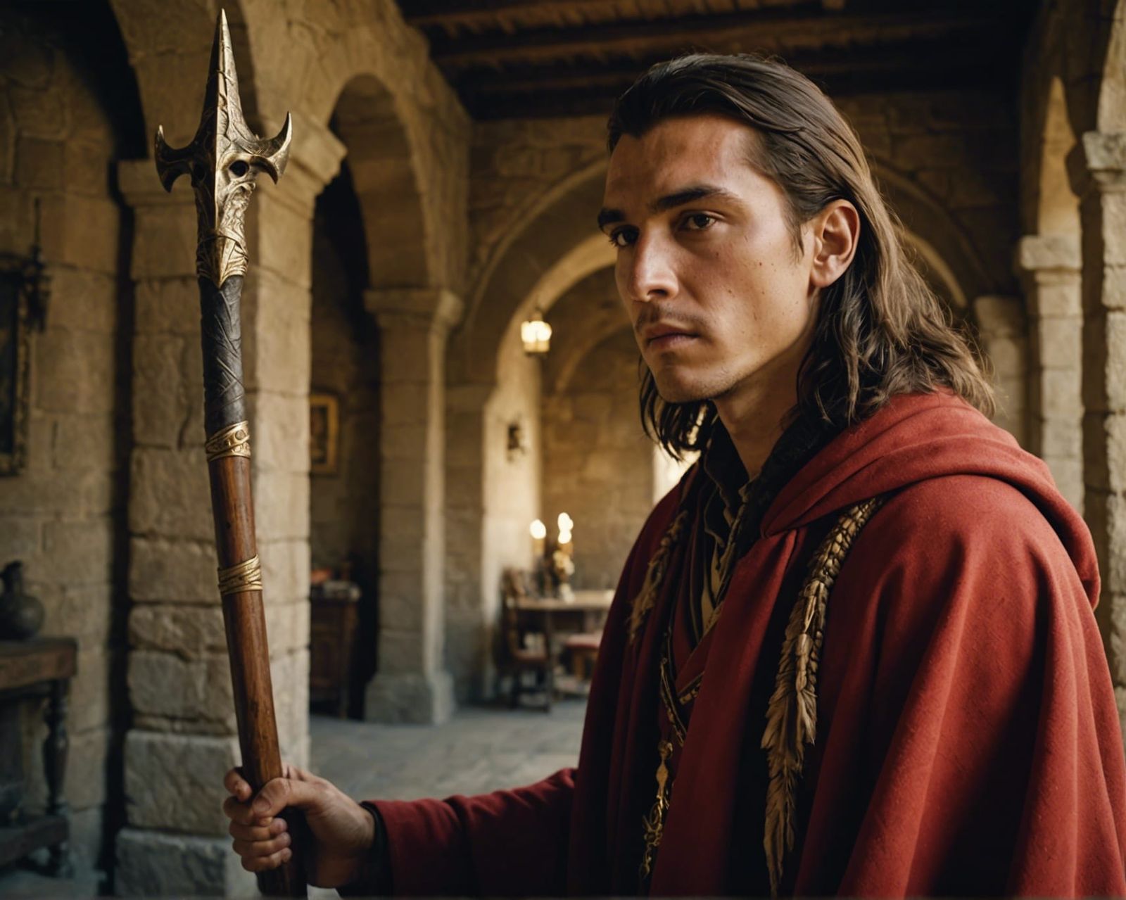 Native American Wizard in Castle Interior: Cinematic Film St...