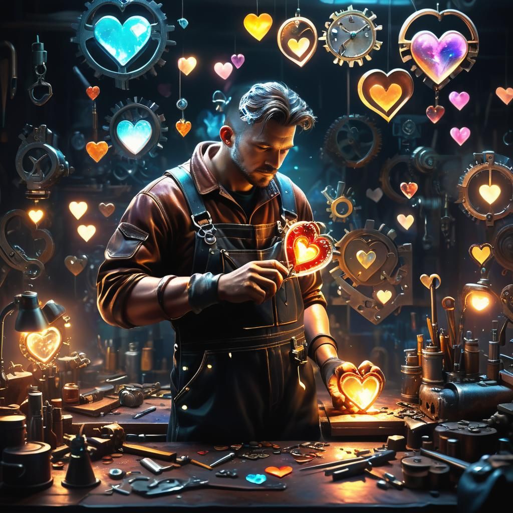 Mechanic Repairing Hearts in Fantasy Art Style