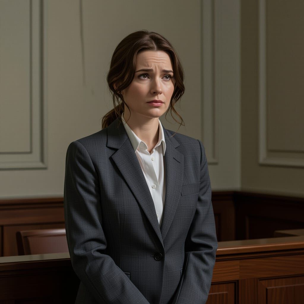 Anxious Woman in Ill-Fitting Suit on Witness Stand