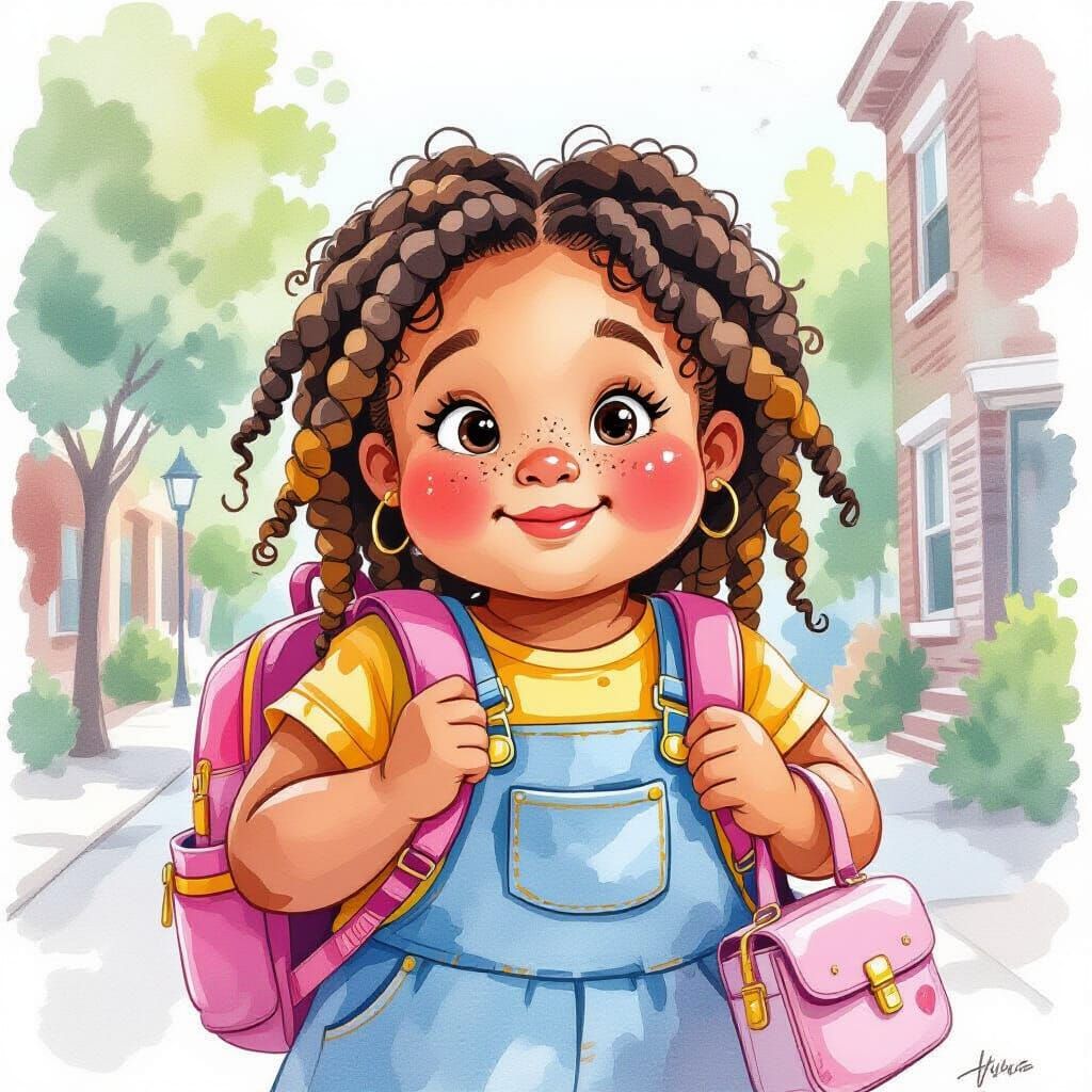 First Day Excitement: Watercolor Portrait of a Cheerful Girl