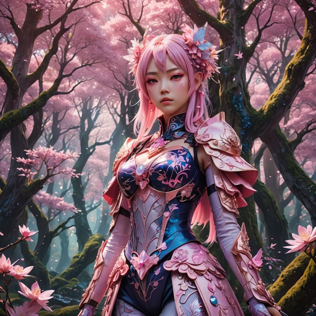Pink Anime Girl in Fantastical Forest, Digital Art