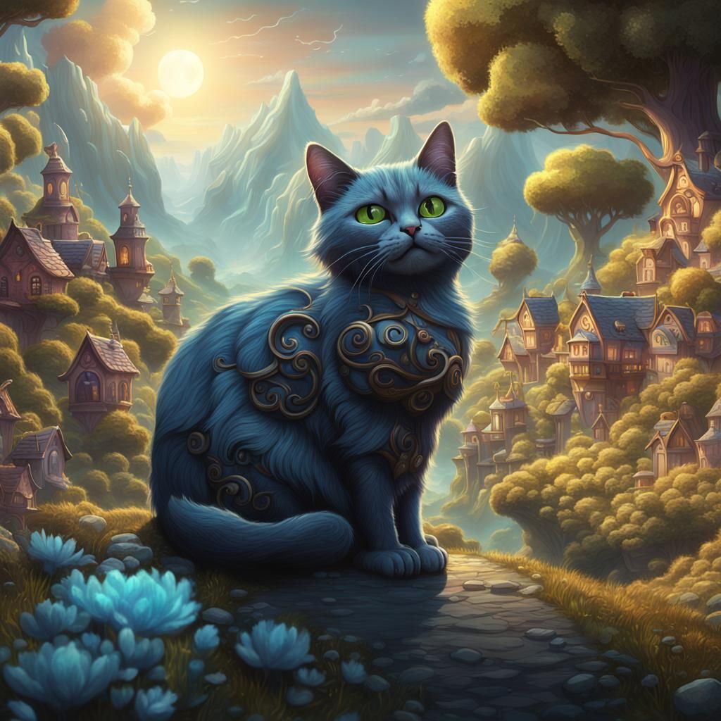 Whimsical Cat in Fantasy Landscape Concept Art
