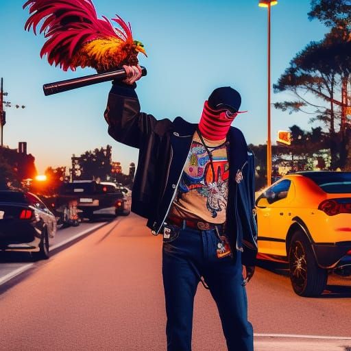 Man in Rooster Mask: Synthwave Neon Style