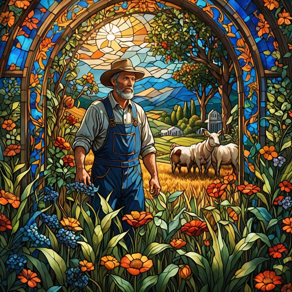 Stained Glass Window: Whimsical Farm Scene