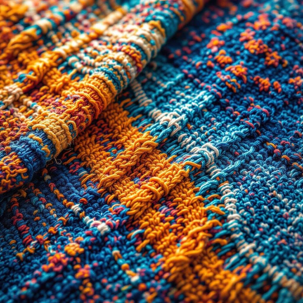 Vibrant Textile Art Close-Up with Deep Blues and Oranges