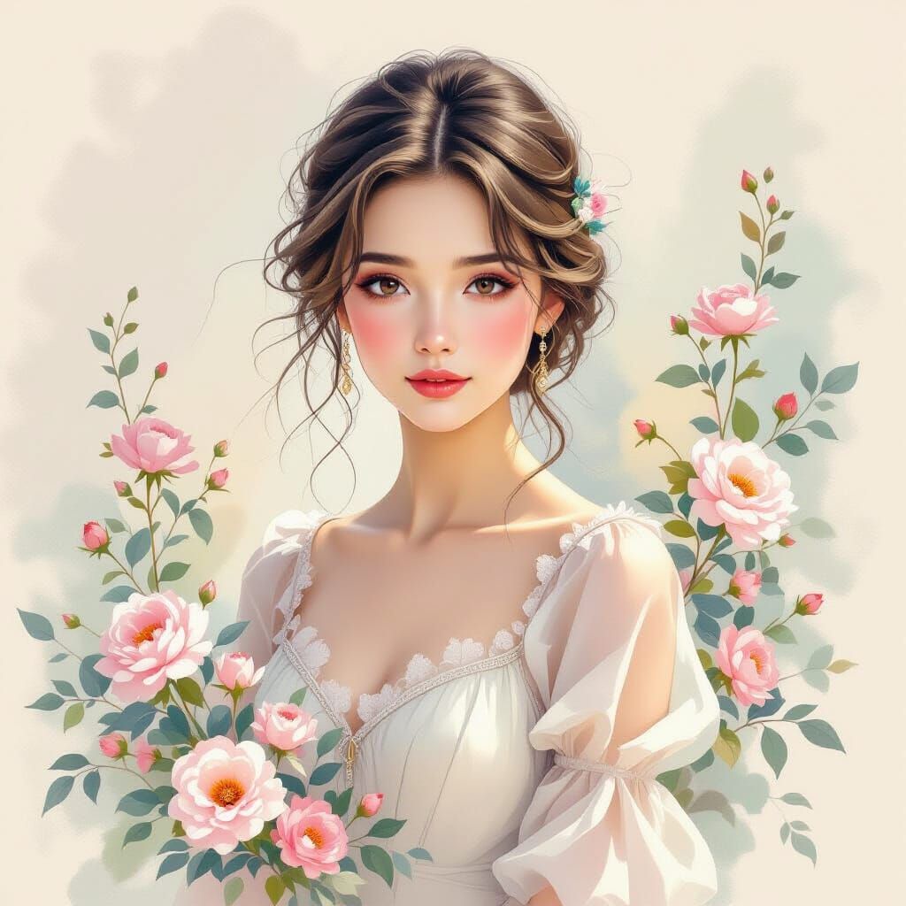 Serene Girl in Pencil and Charcoal with Pastel Flowers