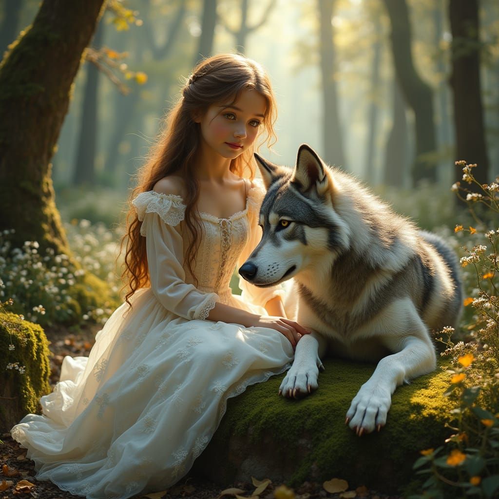 Victorian Girl and Majestic Wolf in Enchanting Forest