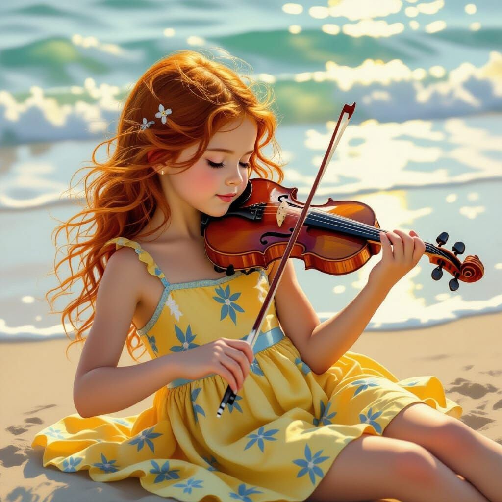Girl Plays Violin on Beach in Realistic Style