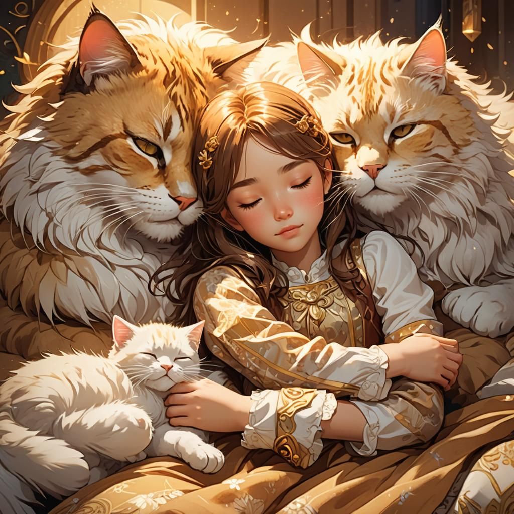 Anime Girl and Fluffy Cat Sleeping: Digital Concept Art