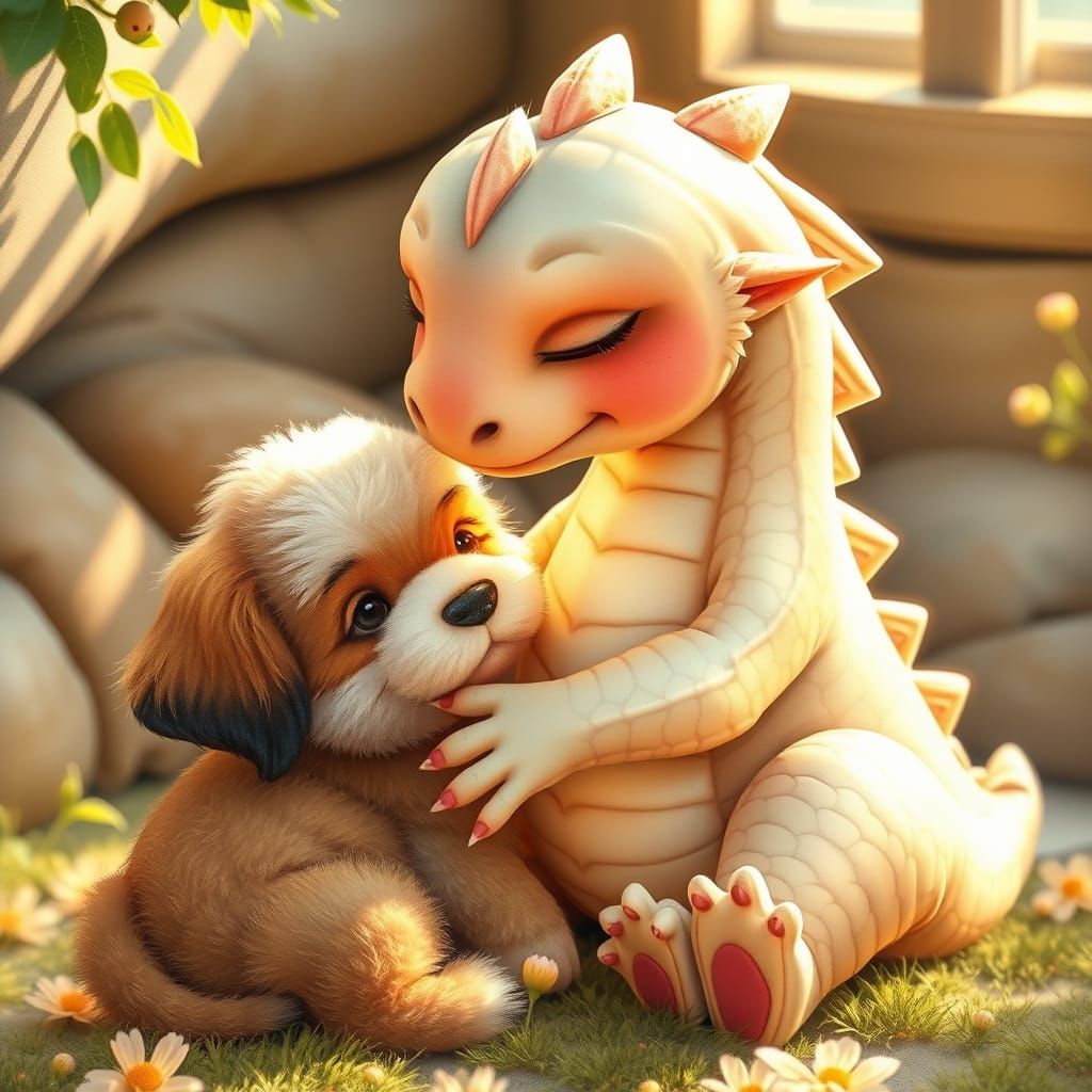 Chubby Baby Dragon Tenderly Nuzzles Playful Puppy in Cozy Su...