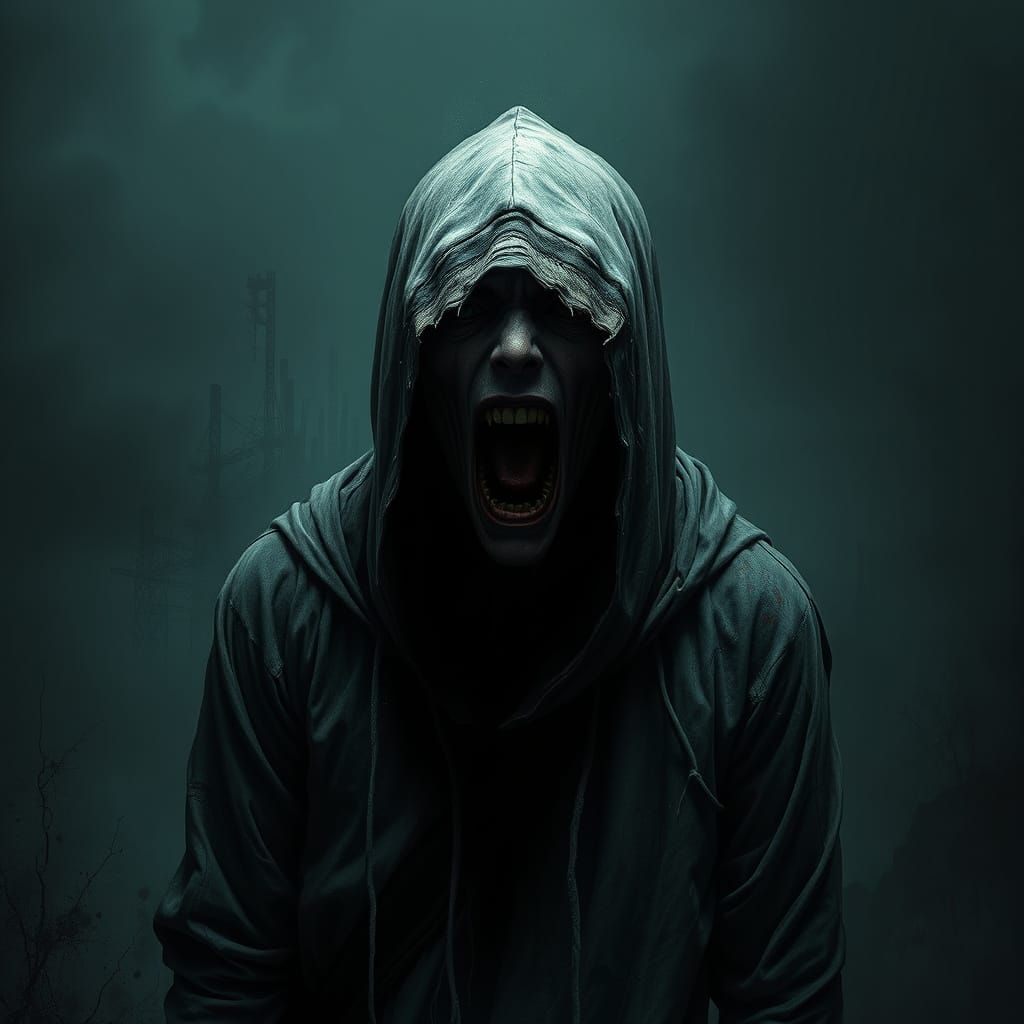 Distressed Figure in Dark Biomechanical Landscape