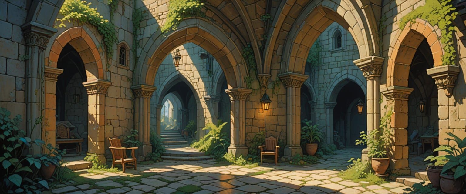 Mysterious Dungeon Passageway in Watercolor Gouache Style