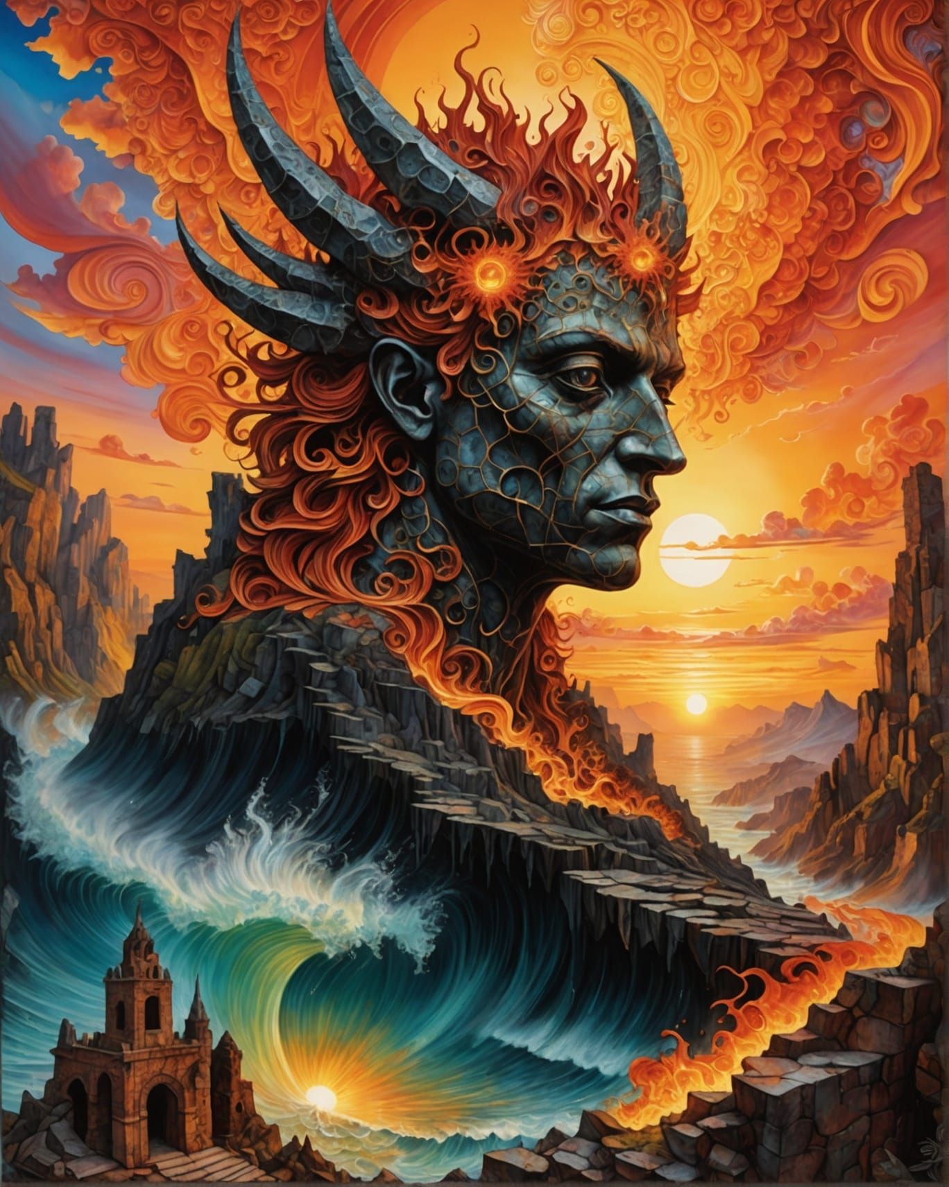 Epic Half-Demon Angel Portrait at Fiery Sunrise