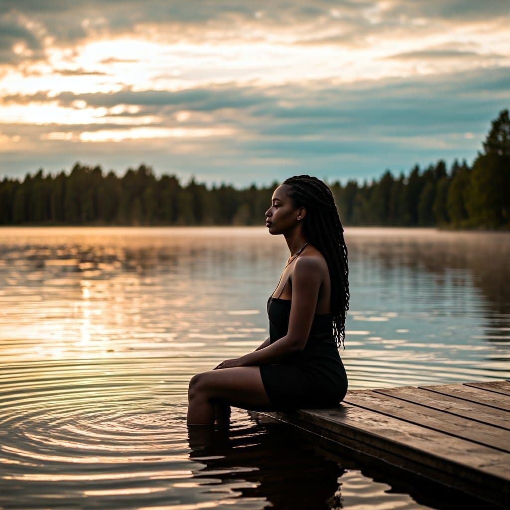 Serene Scandinavian Lakeside Bath Scene at Sunset