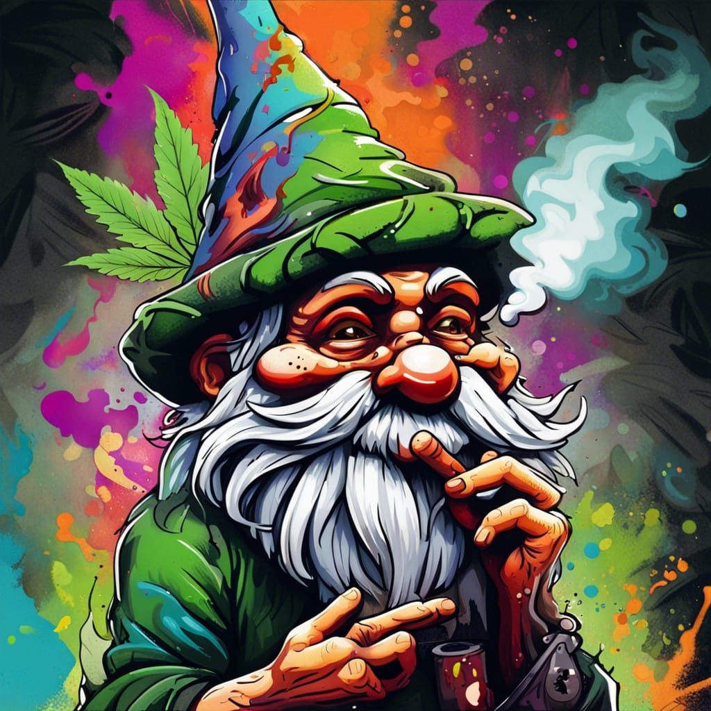 Smoking Gnome with Marijuana Leaf, Graffiti Art