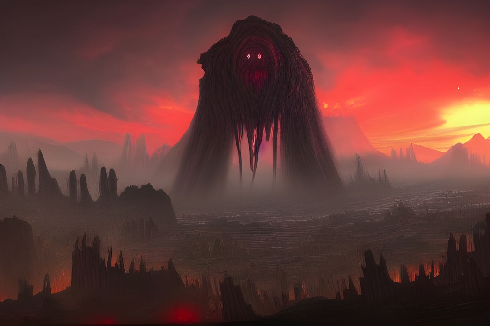 Eldritch Horror Over Ruined City in Red Sky