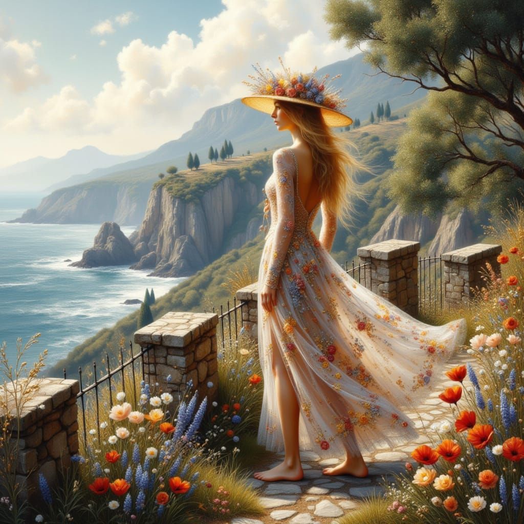 Woman in Wildflower Dress on Italian Coast