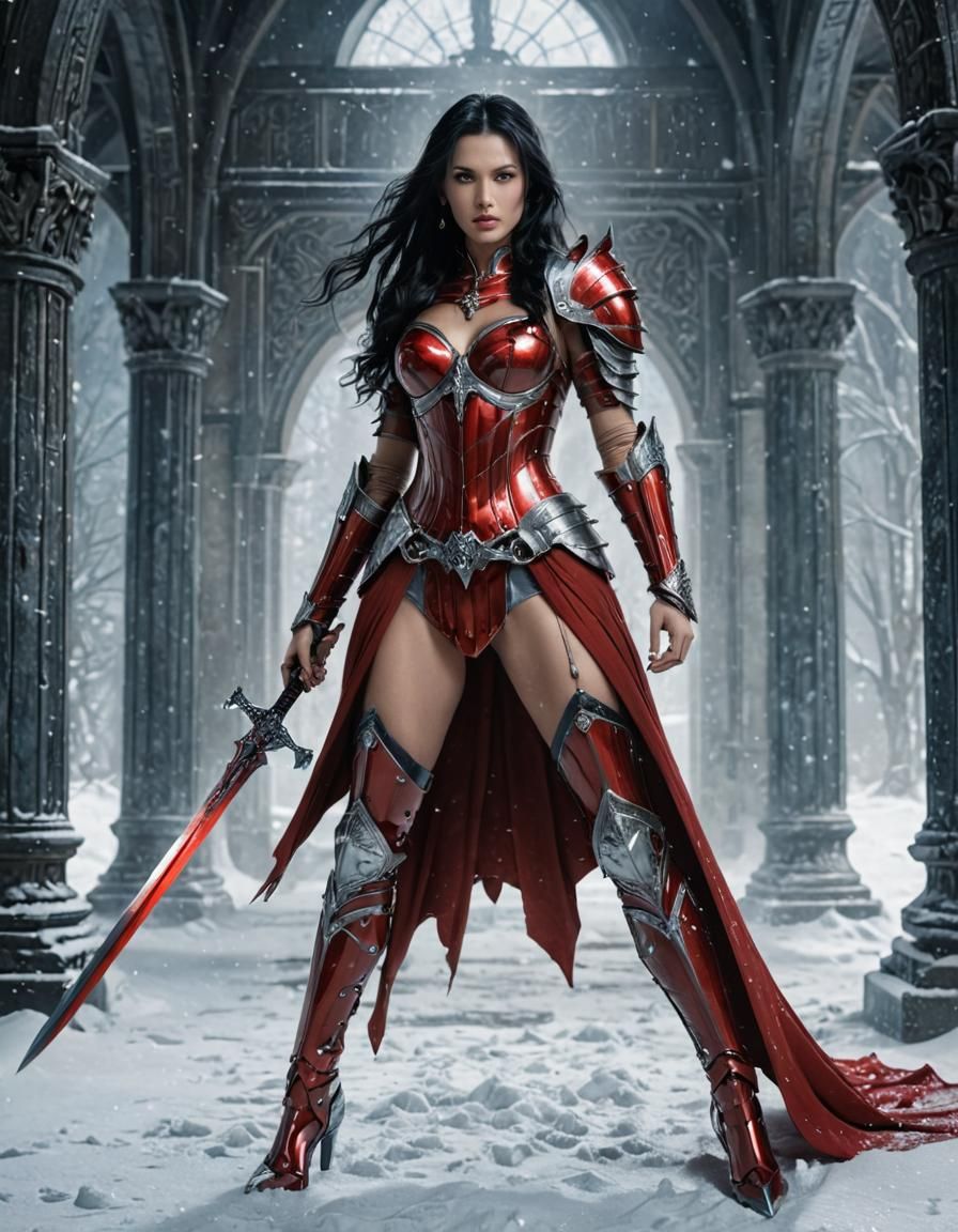 Epic Female Warrior with Sword in Snowy Hall