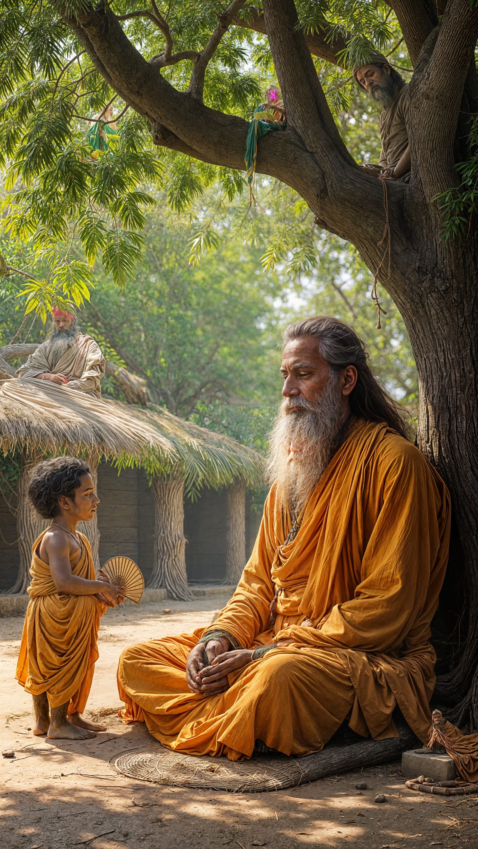 Meditating Guru in Gurukul: Hyperrealistic Oil Painting