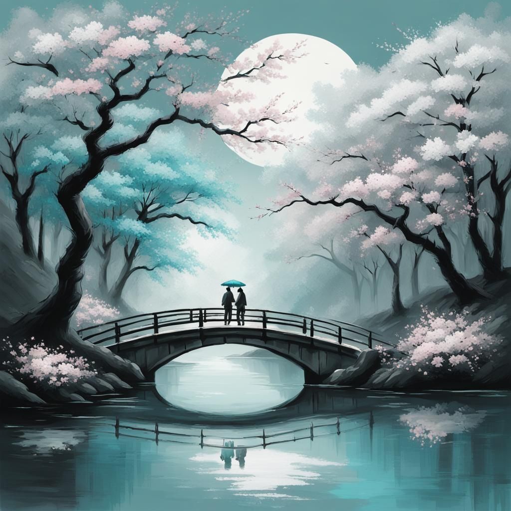 Bridge Walk Under Cherry Blossom, Atmospheric Style