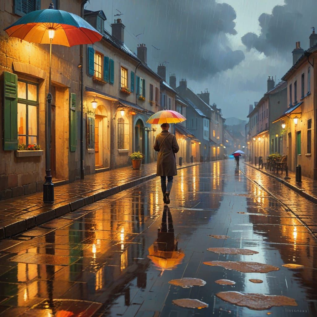 Rainy Seaside Village in Impressionist Style