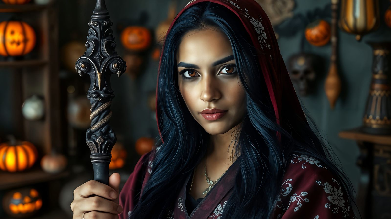 South Asian Sorceress with Magic Staff in Ethereal Art