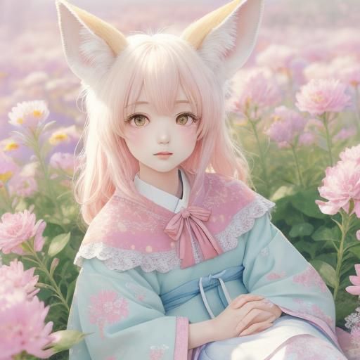 Fennec Fox in Flower Bed, Moe Anime Style