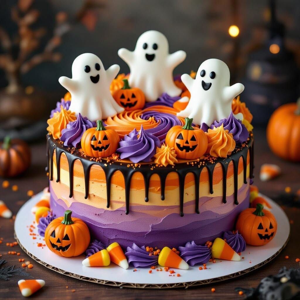 Whimsical Halloween Cake Illustration with Ghosts and Pumpki...