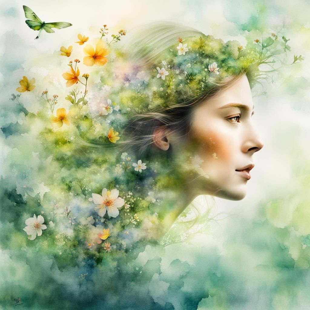 Superhero Woman Flying Through Spring: Watercolor Art