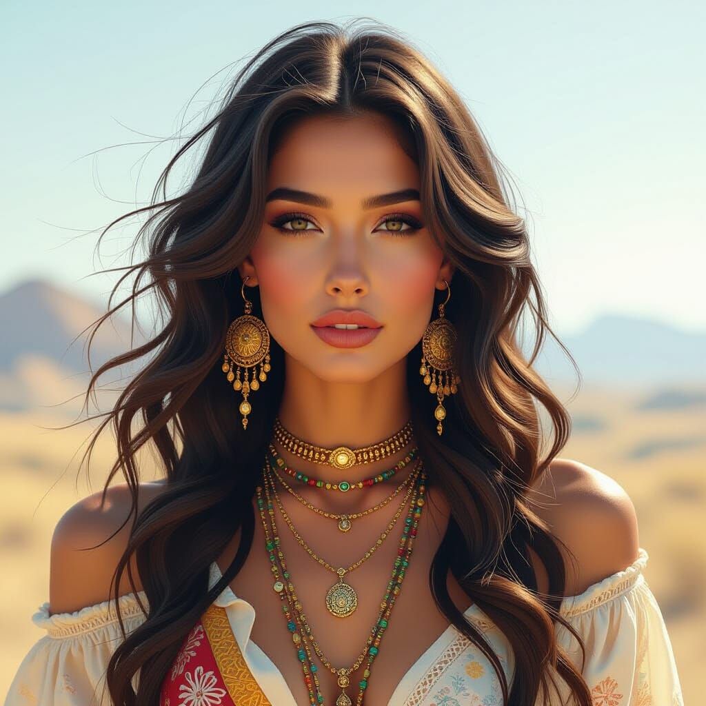 Boho Woman in Double Exposure Landscape Oil Painting