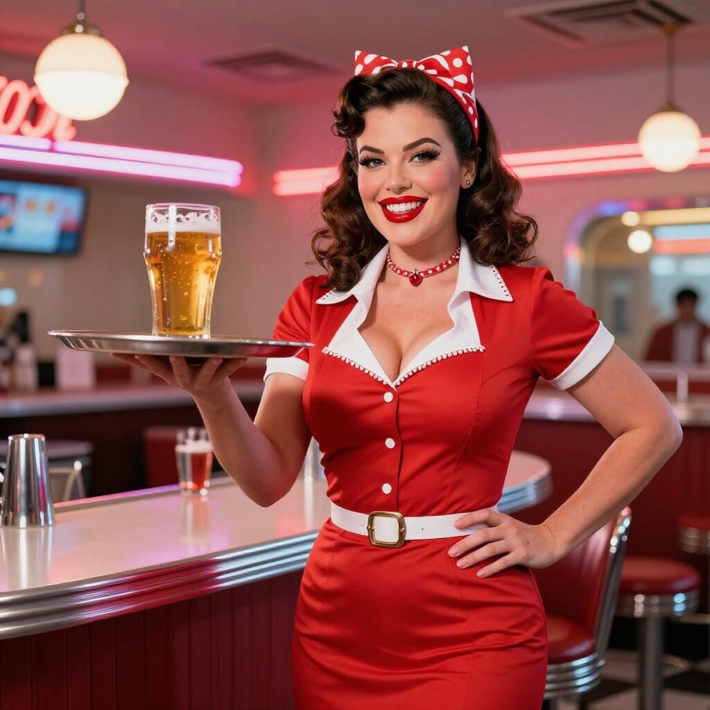 Pin-Up Waitress Serves Beer in Retro Diner
