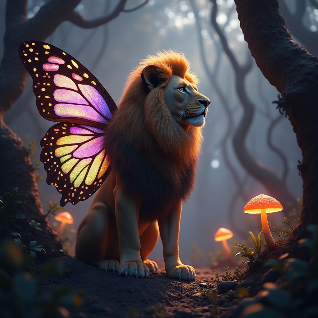 Mystical Lion with Iridescent Butterfly Wings in Dark Fantas...